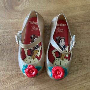 Mini Melissa Belle Gold Dress Shoes with Red Rose Accents